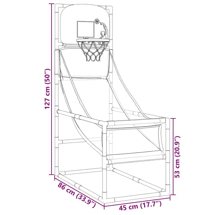 Basketball hoop with dimensions labeled on a white background