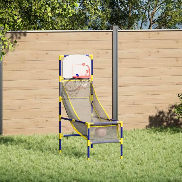 Children's basketball hoop set against a wooden fence with greenery.