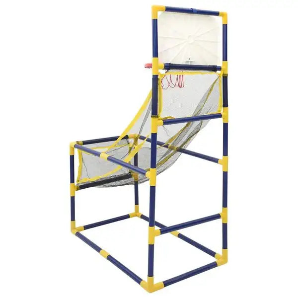 Basketball backboard with blue and yellow frame on a white background