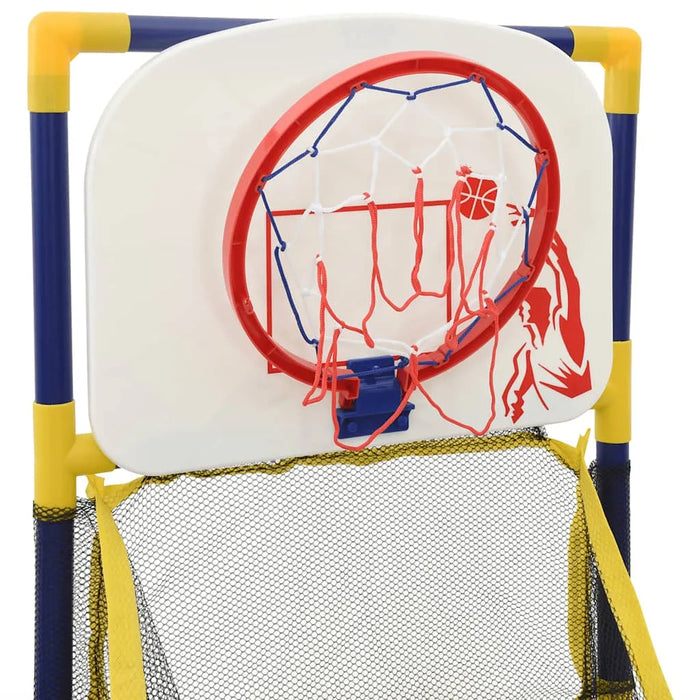 Children's basketball hoop with a white backboard, red rim, and blue net on a white background.
