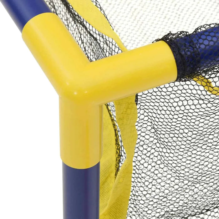 Yellow and blue fishing net with a close-up of the mesh on a white background