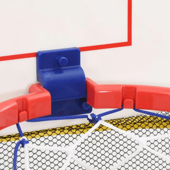 Close-up of a red and blue toy basketball hoop with a white backboard.