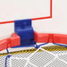 Close-up of a red and blue toy basketball hoop with a white backboard.