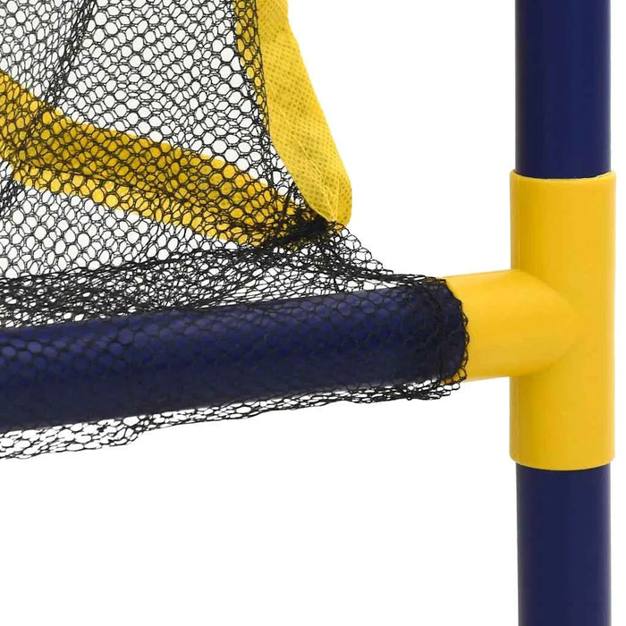 Close-up of a sports net with blue and yellow poles on a white background