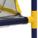 Close-up of a sports net with blue and yellow poles on a white background