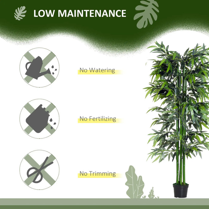 Artificial bamboo plant with 'Low Maintenance' features highlighted on a green and white background.