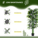 Artificial bamboo plant with 'Low Maintenance' features highlighted on a green and white background.