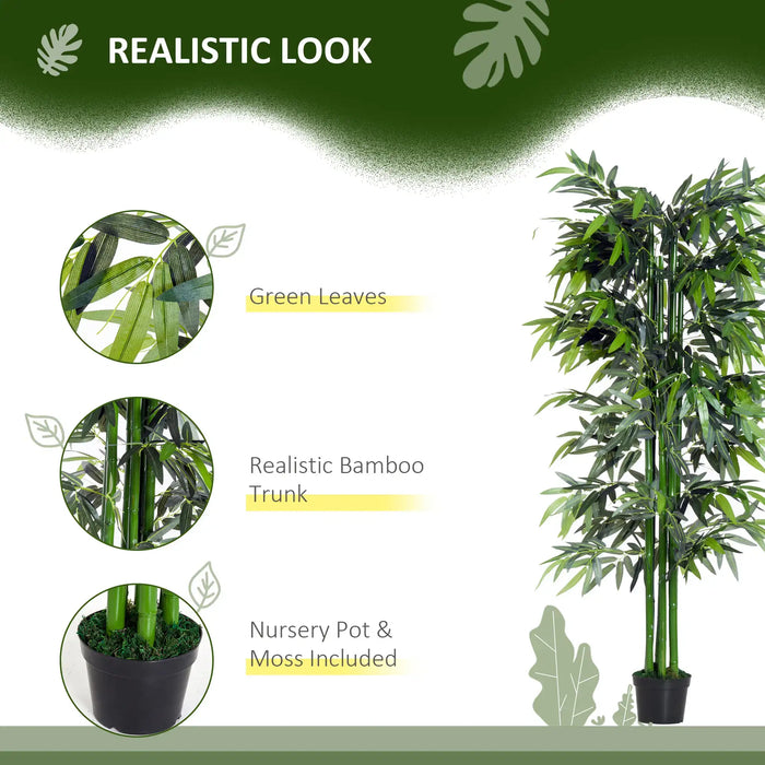 Artificial bamboo plant with green leaves and realistic bamboo trunk, including nursery pot and moss, on a white background.