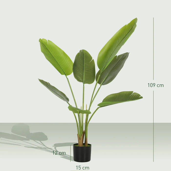 Artificial potted plant with measurements on a light gray background