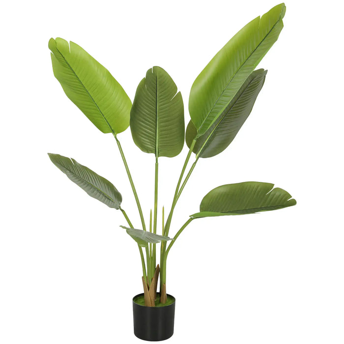 Potted artificial plant with large green leaves on a white background