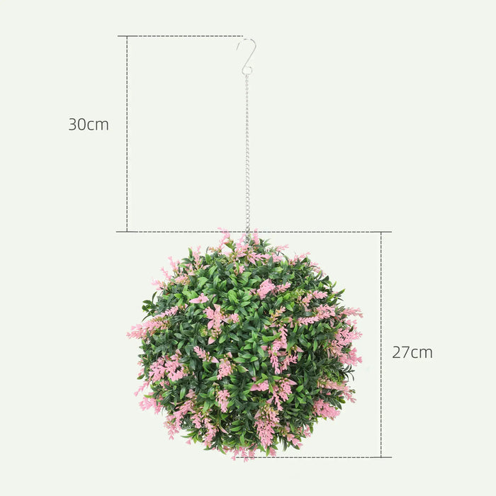 Hanging artificial topiary ball with green leaves and pink flowers, 27cm diameter, 30cm chain