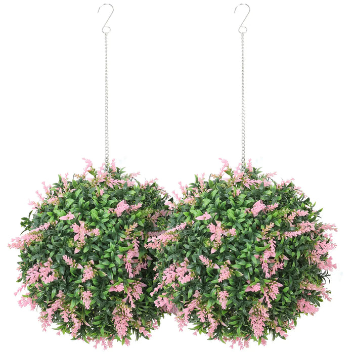 Pair of hanging artificial lavender topiary balls with green leaves and pink flowers