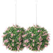 Pair of hanging artificial lavender topiary balls with green leaves and pink flowers