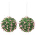 Two artificial hanging lavender topiary balls with green leaves and pink flowers on metal chains