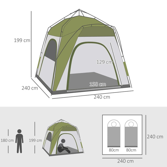 Automatic Pop-Up Camping Tent in Green (4 persons) - Little and Giant Explorers Outsunny