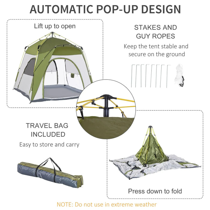 Automatic Pop-Up Camping Tent in Green (4 persons) - Little and Giant Explorers Outsunny