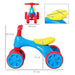 Blue, red, and yellow 4-wheel toddler balance bike with size dimensions shown