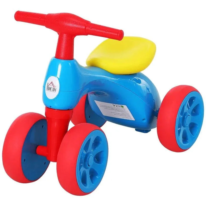 Baby Balance Bike - Blue, Red and Yellow | 4-Wheel Toddler Ride-On and Toy Bin HOMCOM - Little and Giant Explorers HOMCOM