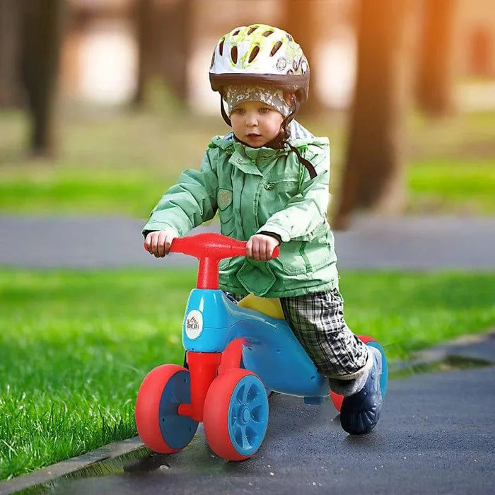 Baby Balance Bike - Blue, Red and Yellow | 4-Wheel Toddler Ride-On and Toy Bin HOMCOM - Little and Giant Explorers HOMCOM