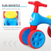 Blue, red, and yellow toddler balance bike with four wheels and fun whistle feature