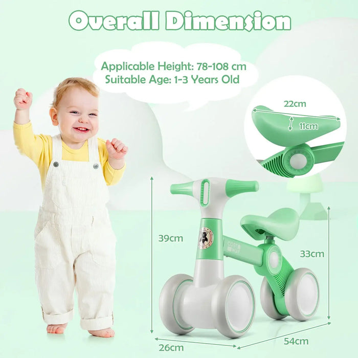 Baby Balance Bike for Toddlers – Green | 4-Wheel Design - 135° Steering Limit COSTWAY - Little and Giant Explorers Costway