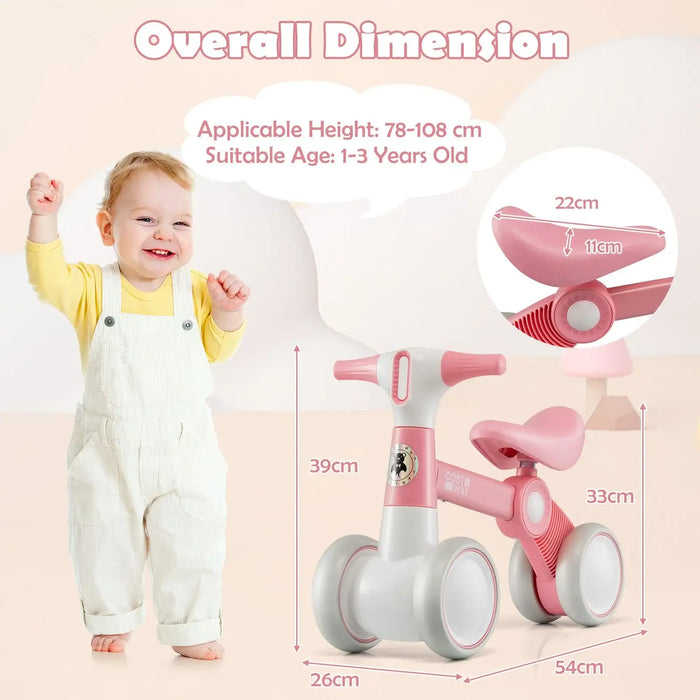Baby Balance Bike for Toddlers – Pink | 4-Wheel Design - 135° Steering Limit COSTWAY - Little and Giant Explorers Costway