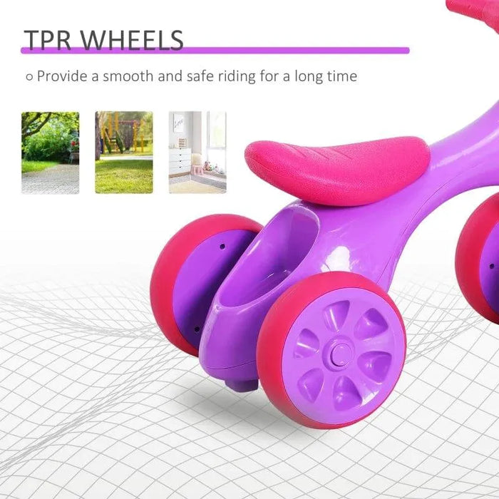 Violet and fuchsia baby balance bike with four rubber wheels and toy bin from Homcom