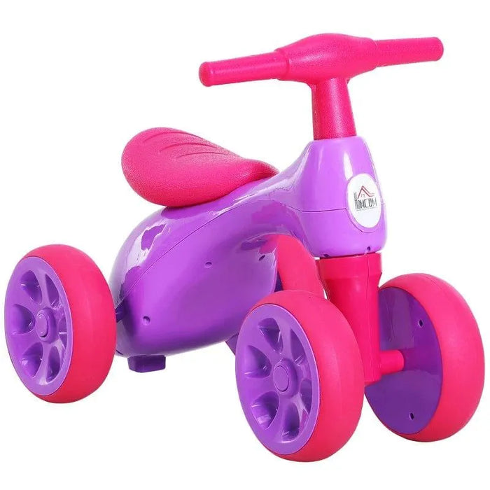 Violet and fuchsia baby balance bike with four rubber wheels and HOMCOM logo