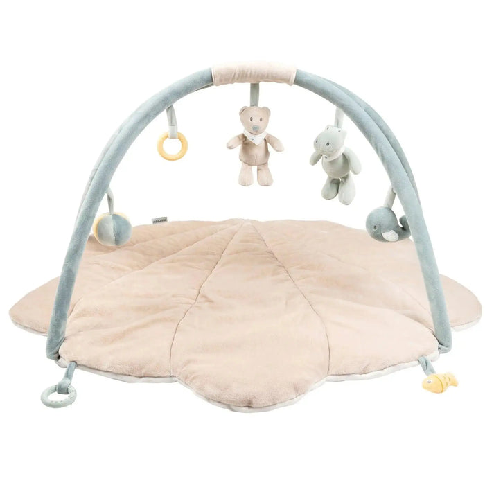 Soft beige baby playmat with arches, plush toys, rattles, and teethers for infants