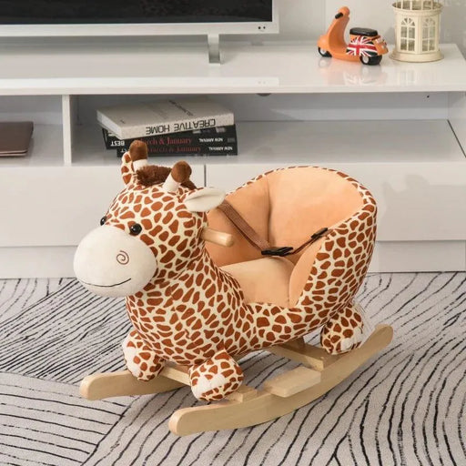 Plush giraffe baby rocker with safety harness on a striped rug in a modern living room