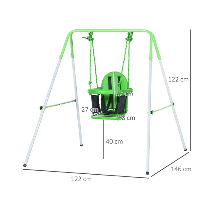 Green baby and toddler swing with safety belt, indoor outdoor use, metal frame, size dimensions shown