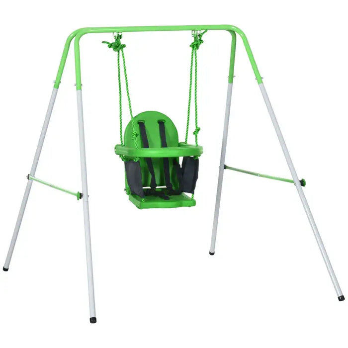 Green toddler swing with safety belt on metal frame for indoor and outdoor play