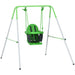 Green toddler swing with safety belt on metal frame for indoor and outdoor play