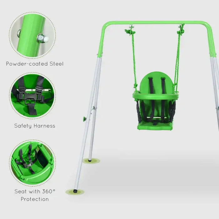 Green toddler swing with safety harness, powder-coated steel frame, and 360° seat protection.