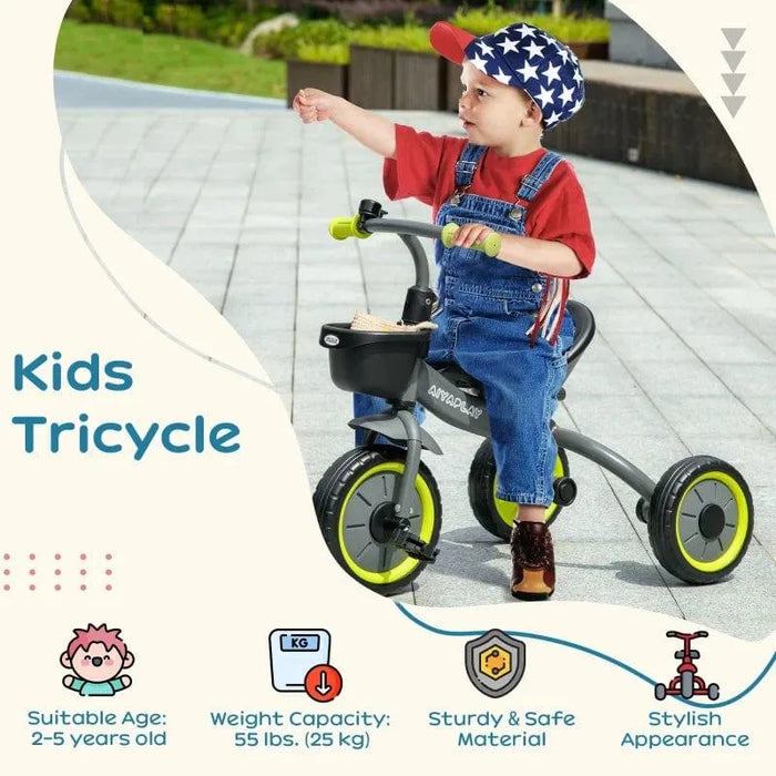 Child riding black kids tricycle with adjustable seat, safety features, green wheels outdoors.