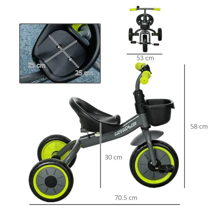 Black and neon green Aiyaplay baby trike with adjustable seat, safety features, and dimensions shown