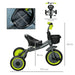 Black and neon green Aiyaplay baby trike with adjustable seat, safety features, and dimensions shown
