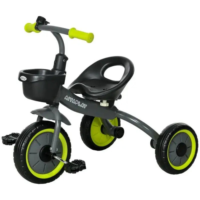 Aiyaplay baby trike in black with lime green wheels, adjustable seat, and front basket