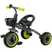 Aiyaplay baby trike in black with lime green wheels, adjustable seat, and front basket