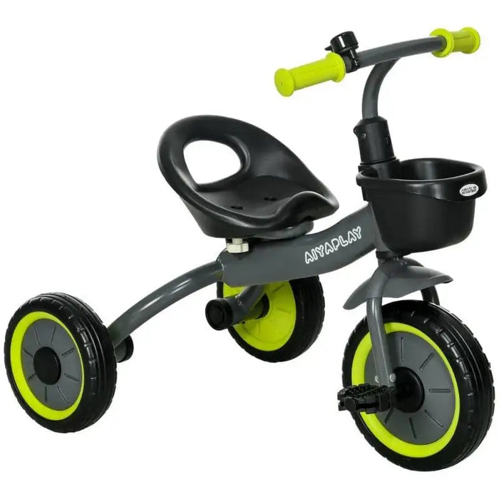 Black and green baby trike with front basket, adjustable seat, and safety features
