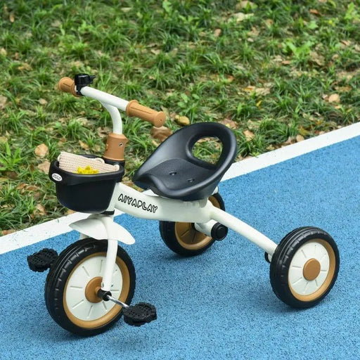 White toddler tricycle with adjustable seat, bell, and basket on blue path, Aiyaplay brand
