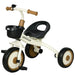 White toddler tricycle with adjustable seat, bell, basket, and brown handles
