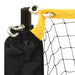 Close-up of adjustable steel frame badminton net with yellow trim and black post.