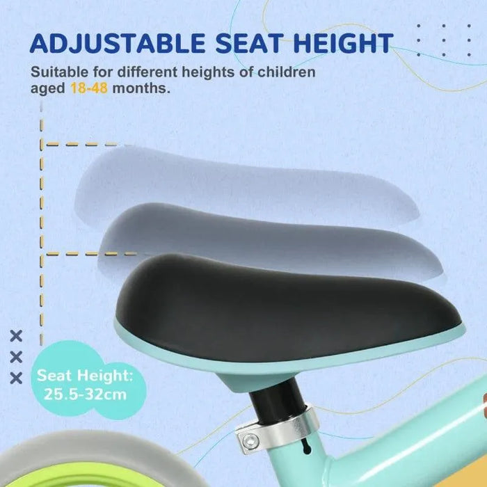 Adjustable balance bike seat for kids ages 18-48 months, seat height 25.5-32cm, pastel blue frame.