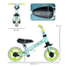 Light blue balance bike with adjustable seat, EVA wheels, and measurement dimensions shown