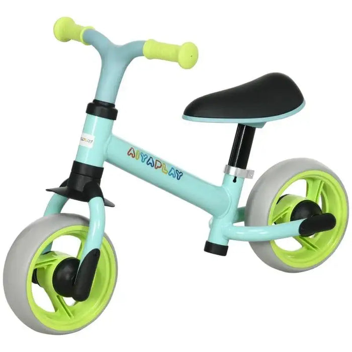 Aiyaplay toddler balance bike with adjustable seat and EVA wheels in mint and neon green.
