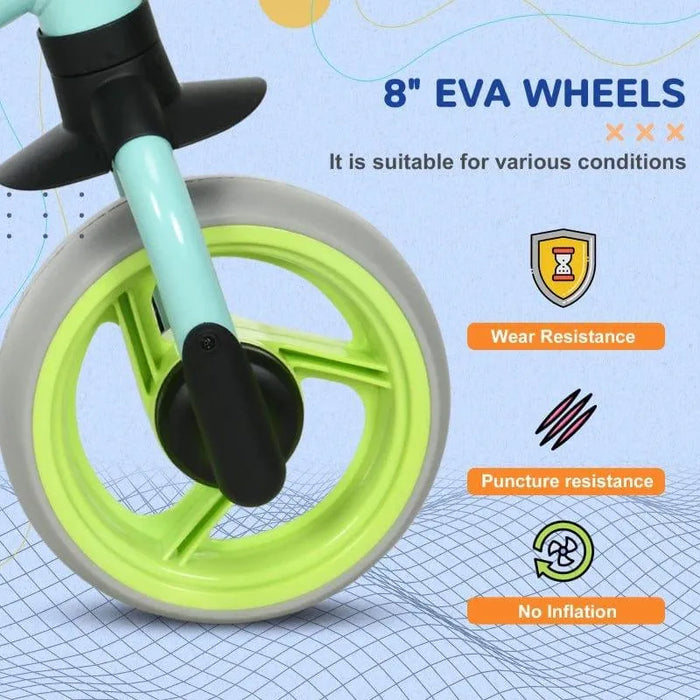 Close-up of balance bike with 8-inch green EVA wheel, wear and puncture resistance icons.