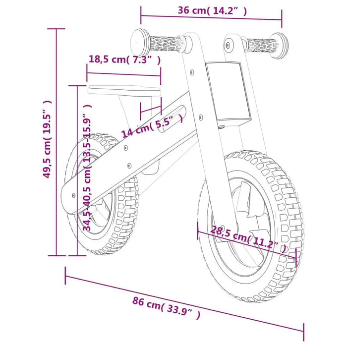 Diagram of orange and black balance bike with lightweight plywood frame, labeled measurements, adjustable seat and handlebar.