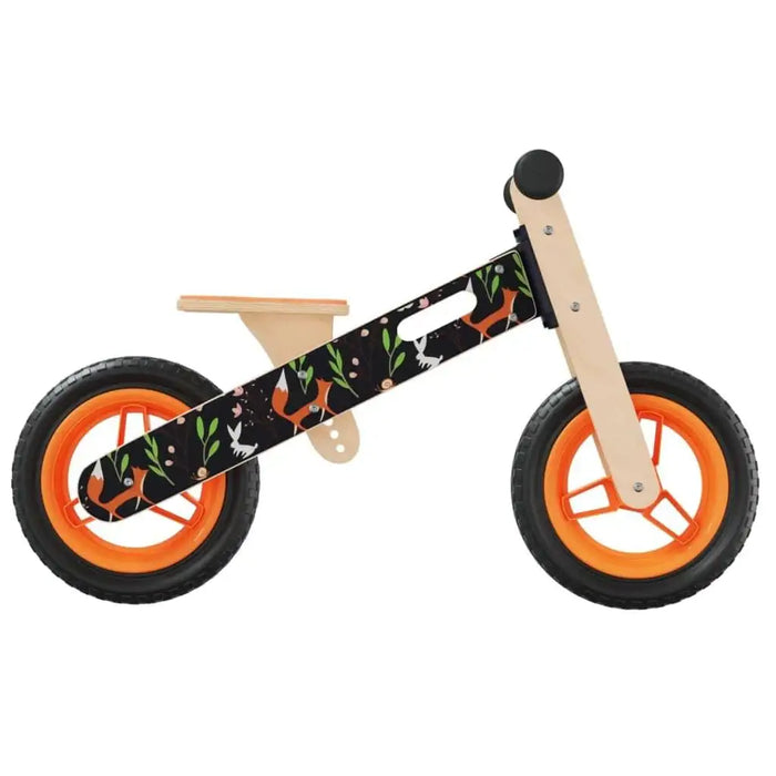 Orange and black balance bike with lightweight plywood frame, adjustable seat and handlebar
