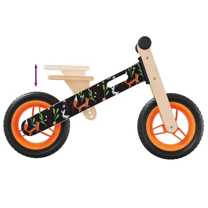Orange and black kids balance bike with lightweight plywood frame, adjustable seat and handlebar